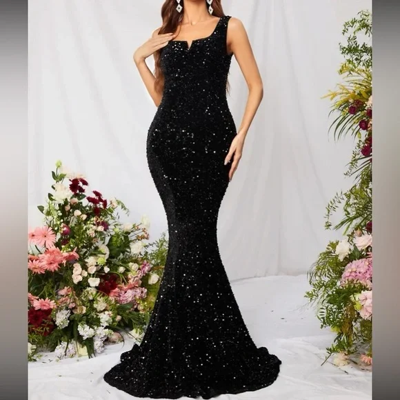 Luxe black mermaid hem sequins maxi dress